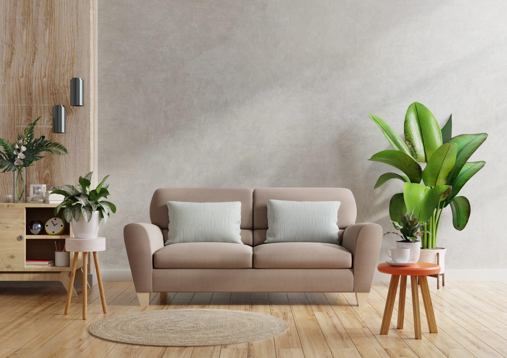 Brown sofa and a wooden table in living room interior with plant,concrete wall.3d rendering